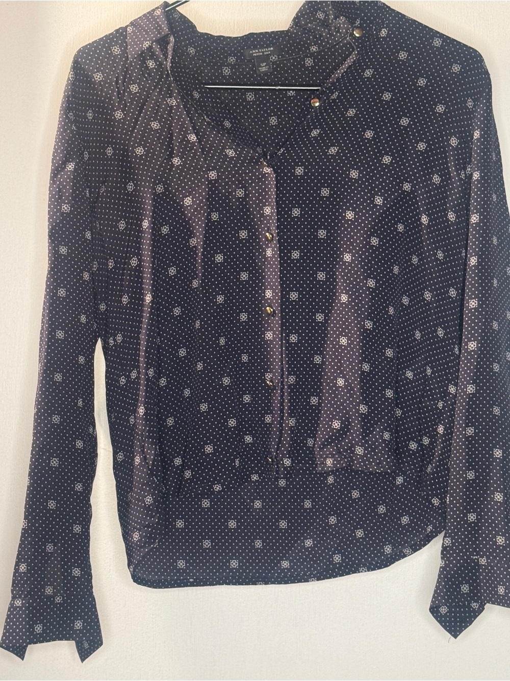 Ann Taylor Navy Printed Button-Front Blouse
